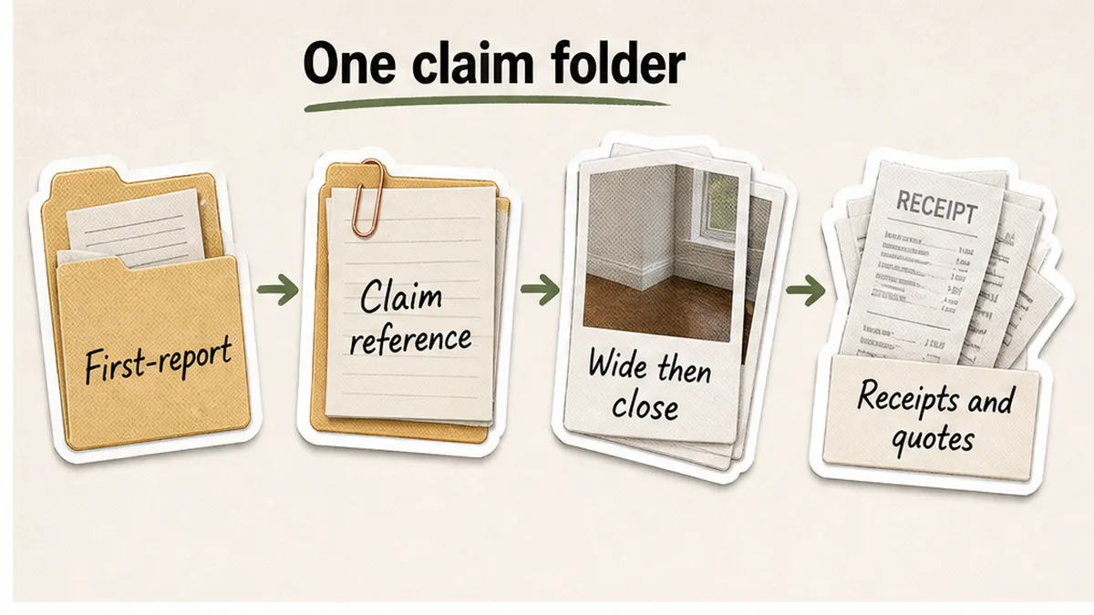 Workflow of one leak claim folder: first-report, claim reference, photos, receipts and quotes