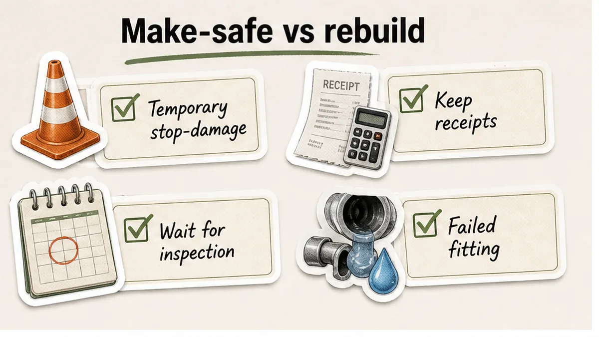 Checklist splitting make-safe receipts from permanent quotes until inspection