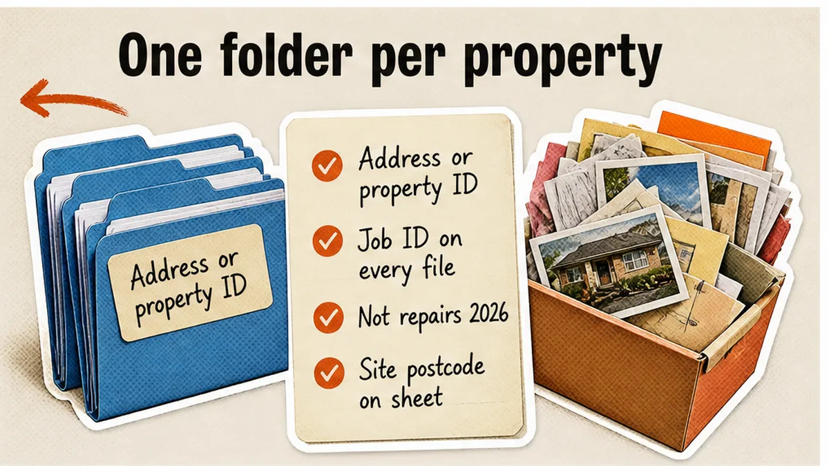 Two property tabs versus one mixed repairs dump, with a job ID on each file