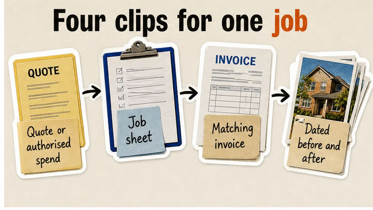 Four-clip pack: quote, job sheet, matching invoice, dated before-and-after photos