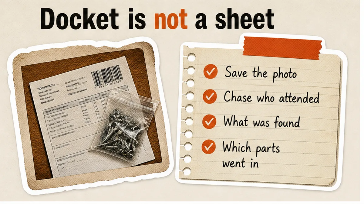 Checklist to chase who attended, findings and parts when only a docket photo arrives