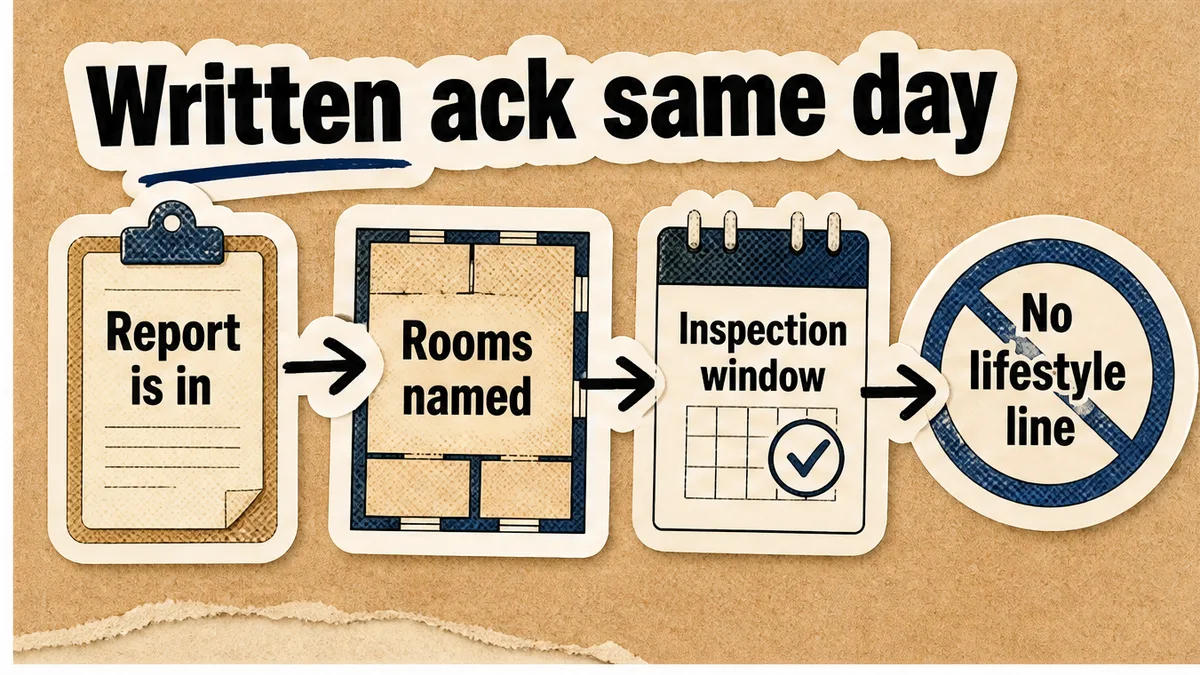 Workflow for a same-day written acknowledgement naming rooms and an inspection window, without lifestyle