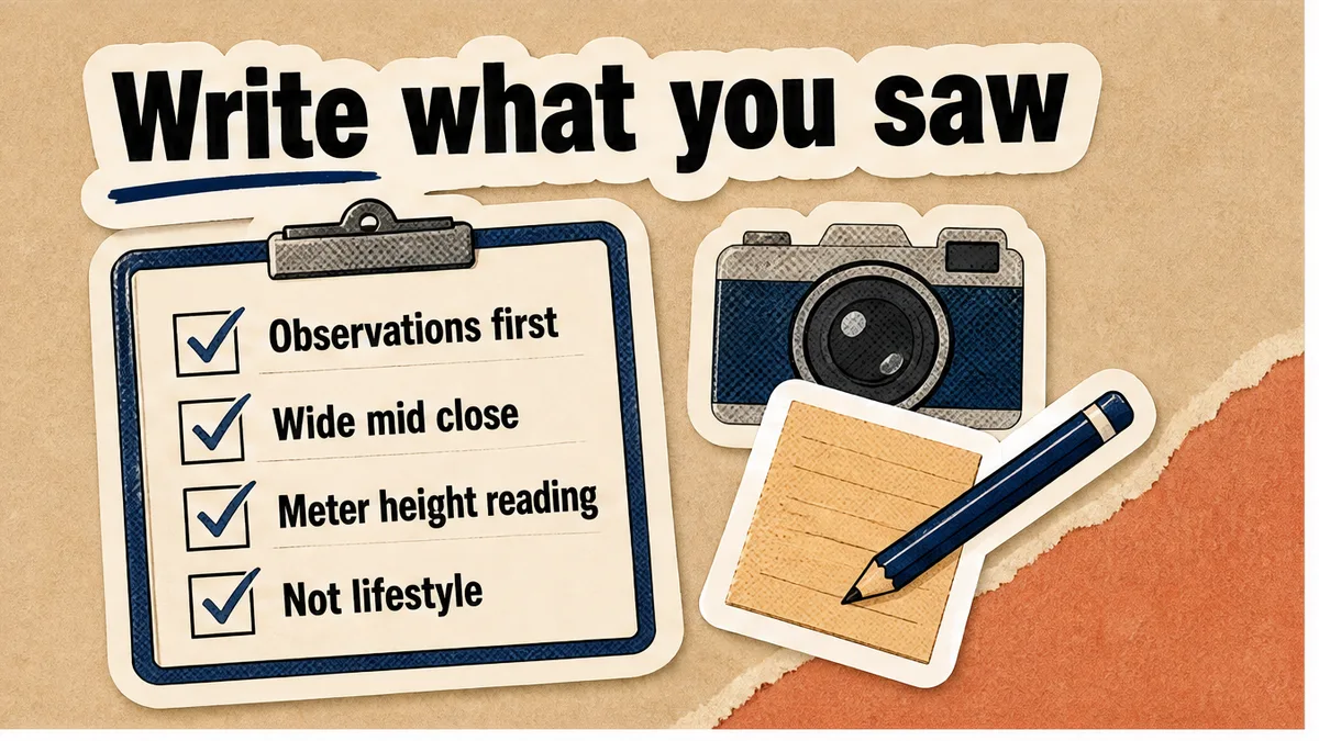 Inspection-note checklist: observations first, wide-mid-close photos, meter height and reading