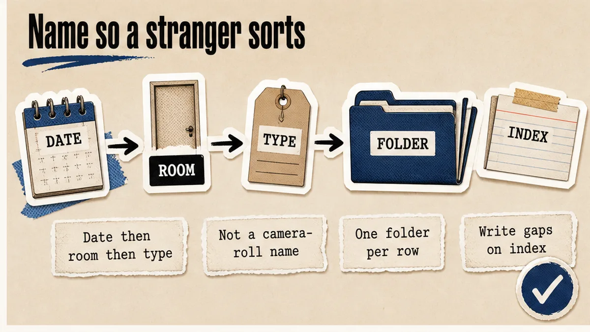 File names lead with date then room then type so a stranger can sort