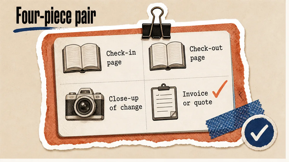 Four-piece pair: check-in, check-out, close-up, invoice or quote