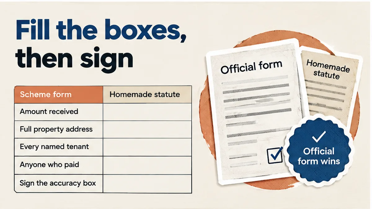 Scheme prescribed-information form with amount, address and contact boxes filled and the accuracy certificate signed