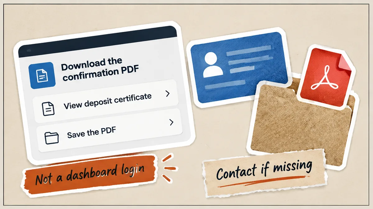 Scheme account screen with View deposit certificate highlighted and a PDF saved beside the tenancy folder