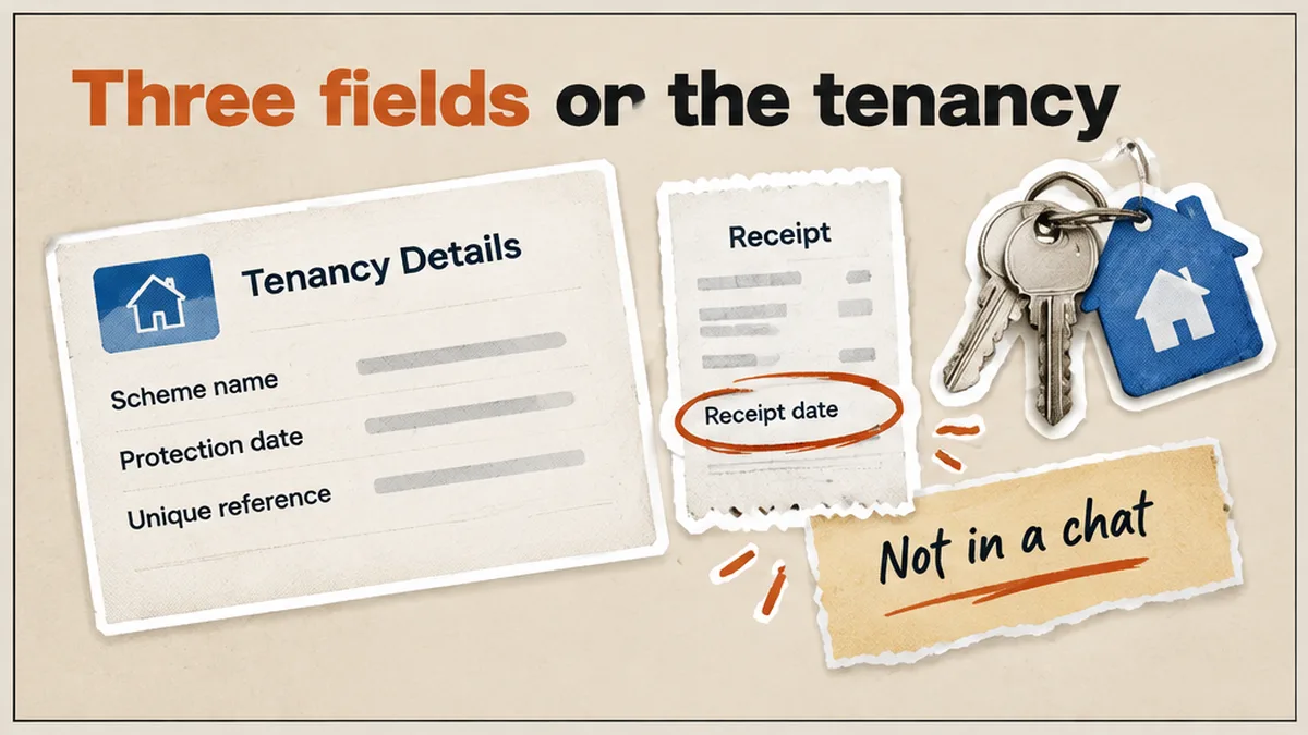 Tenancy record with scheme name, protection date and unique reference filled in beside a saved confirmation PDF