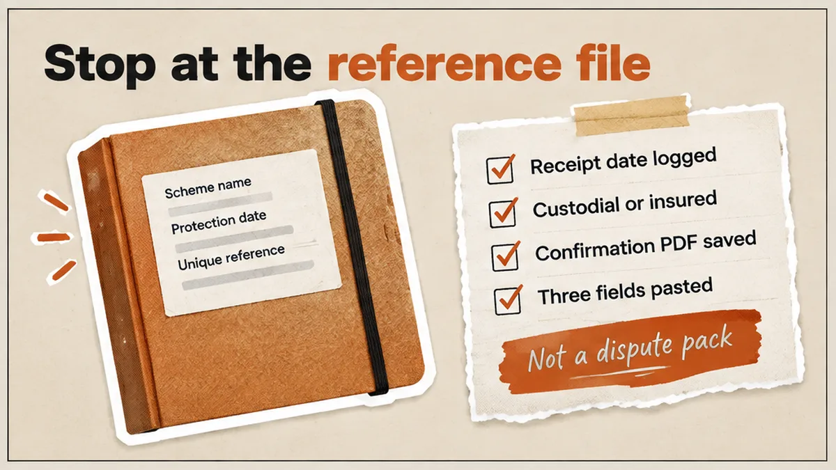 Closed tenancy folder labelled scheme, date, reference — not a scheme logo page or a dispute evidence pile