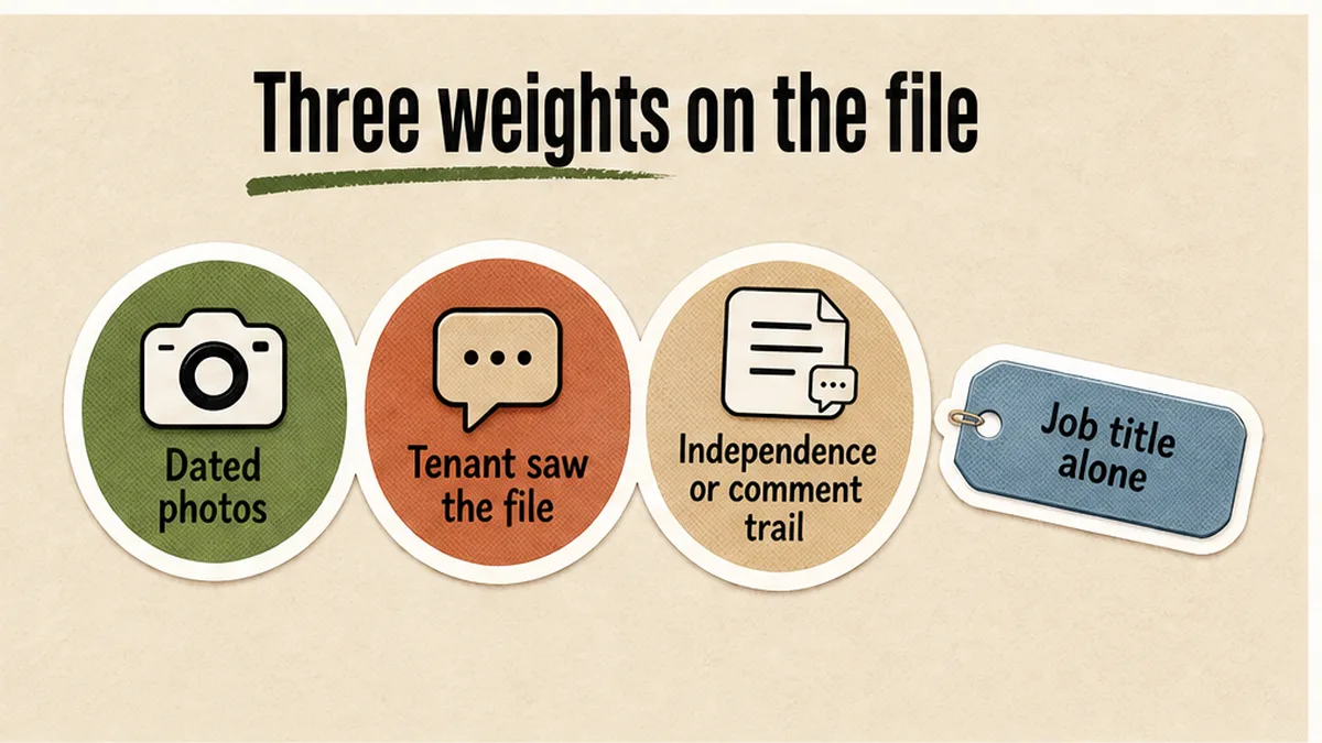 Three adjudicator weights: independence, dated photos, tenant comment chance