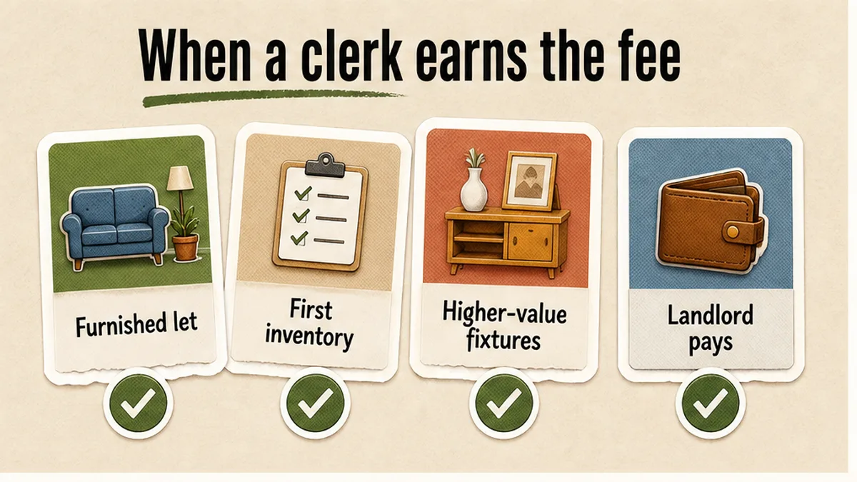 Clerk earns the fee on furnished, first, or higher-value files; landlord pays