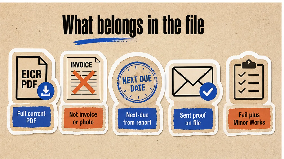 Full EICR PDF named with the property address, not an invoice or a page-one photo
