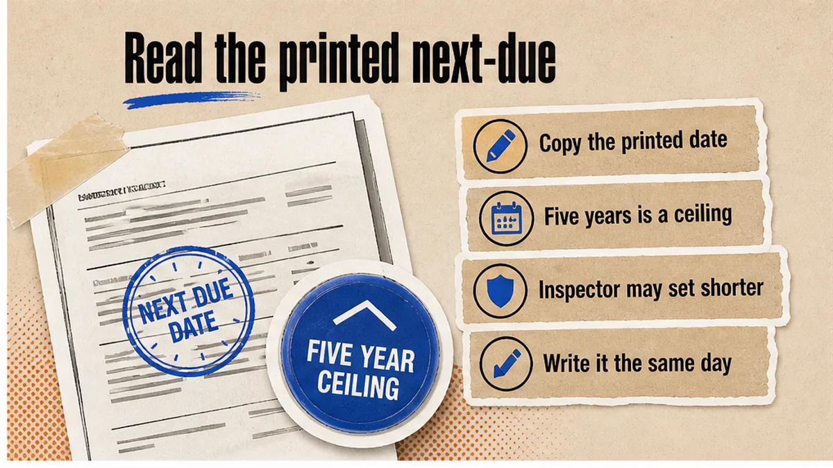 Printed next-inspection date stamped on the report; five years is a ceiling