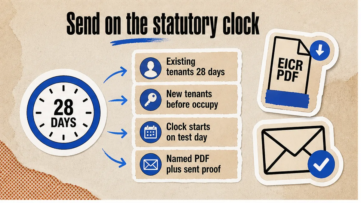 Sent-email proof next to a named EICR PDF for the 28-day tenant clock