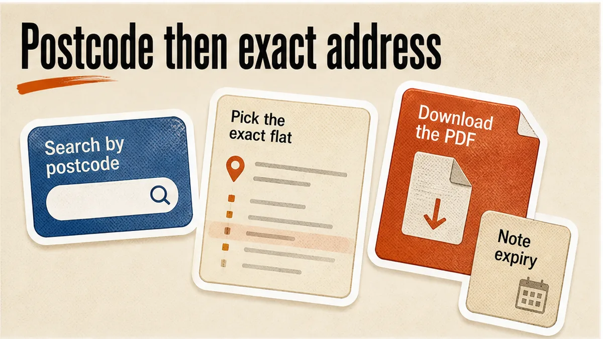 Postcode search on the official register with the exact address selected