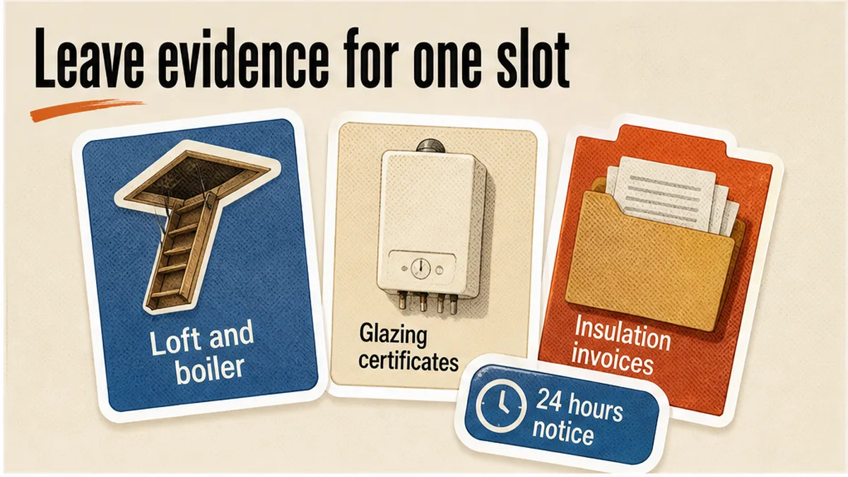 Evidence folder at an open loft hatch: boiler plate, glazing sheet, insulation receipt
