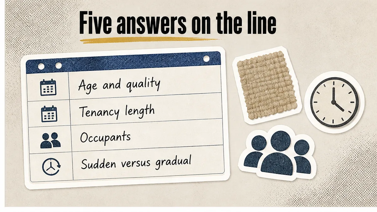 Written test on one line: age, occupants, tenancy length, sudden versus gradual
