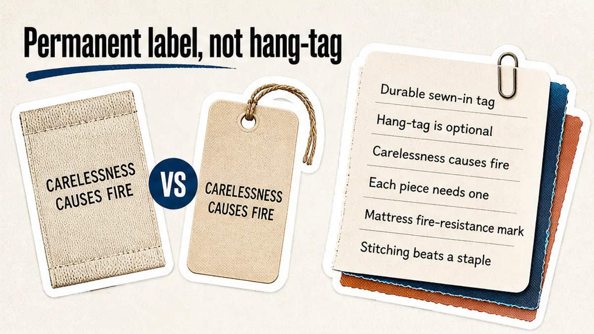 Sofa cushion underside with a durable permanent label; hang-tag set aside