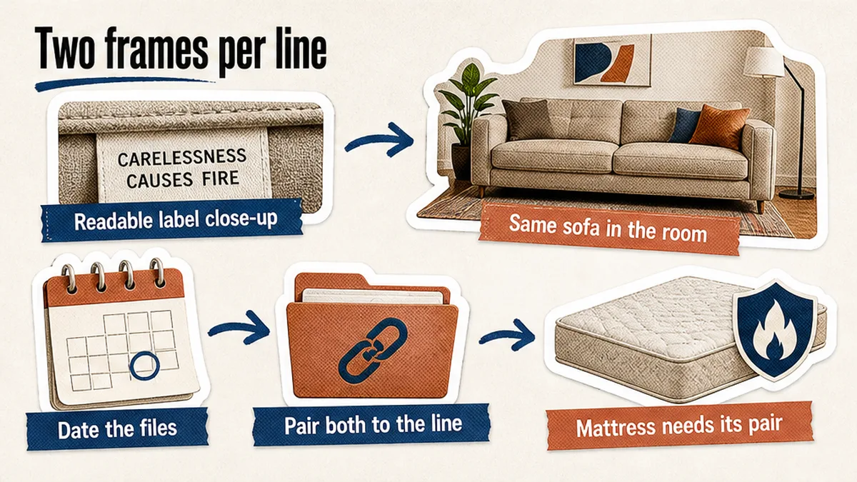 Two frames: readable permanent-label close-up and the same sofa in the living room