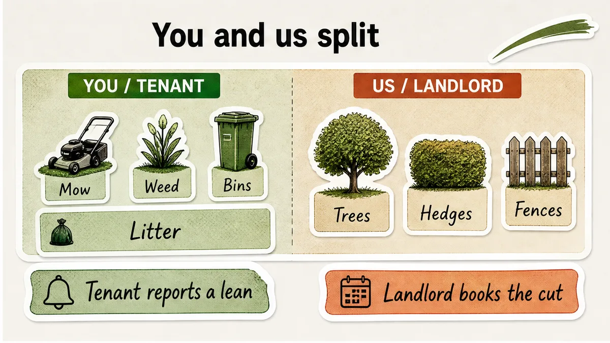 You/us split: tenant mows weeds and bins; landlord books trees hedges and fences