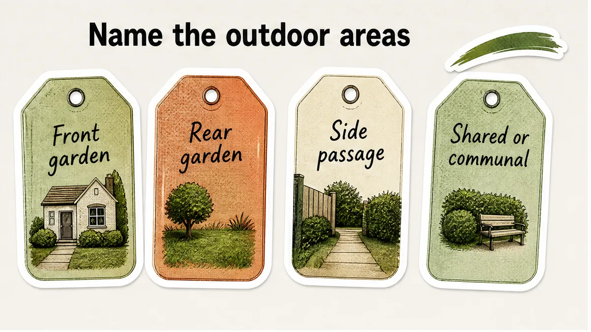 Checklist naming front garden, rear garden, side passage and shared outdoor areas