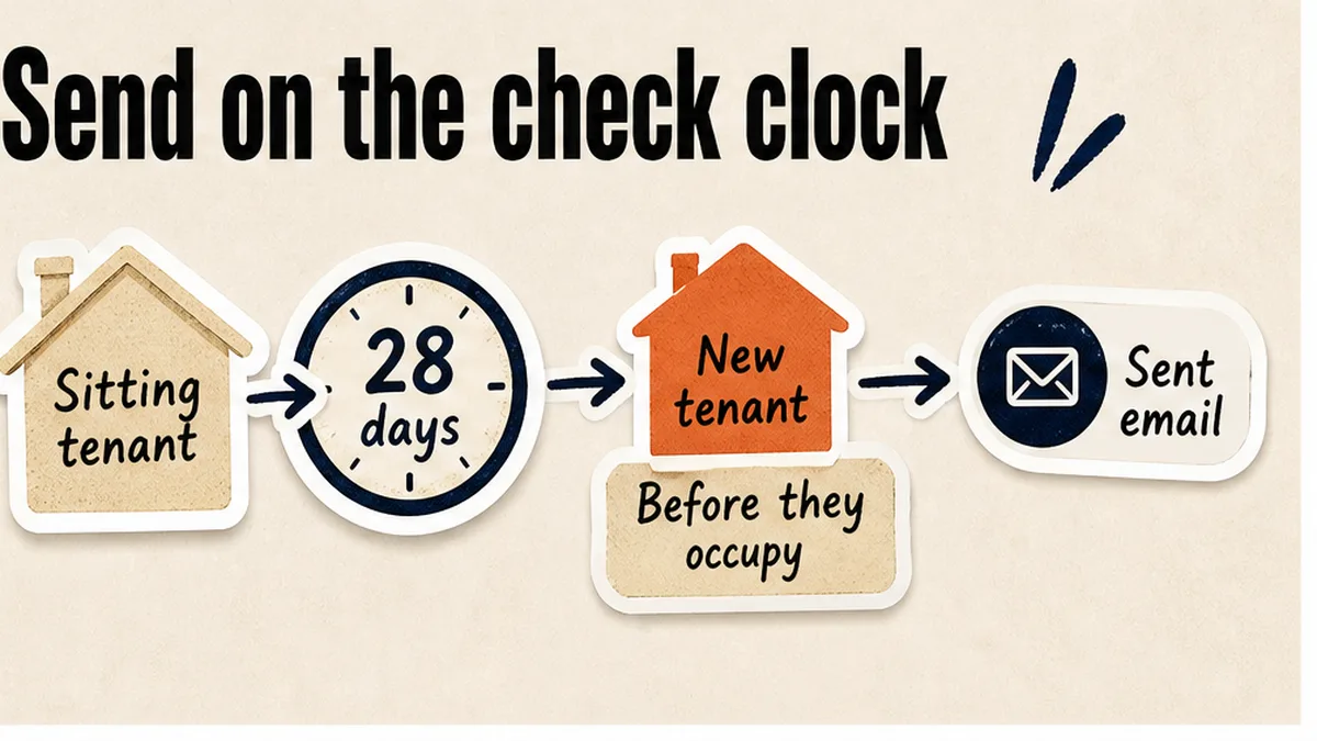 Send clocks: sitting tenant 28 days, new tenant before occupy, sent-email proof