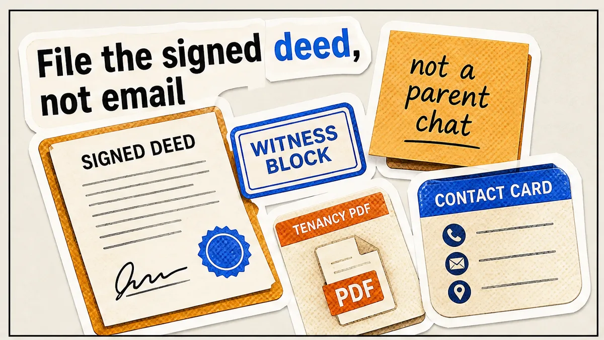 Die-cut signed deed page with witness stamp, tenancy PDF chip and contact card, words on every tag, no people