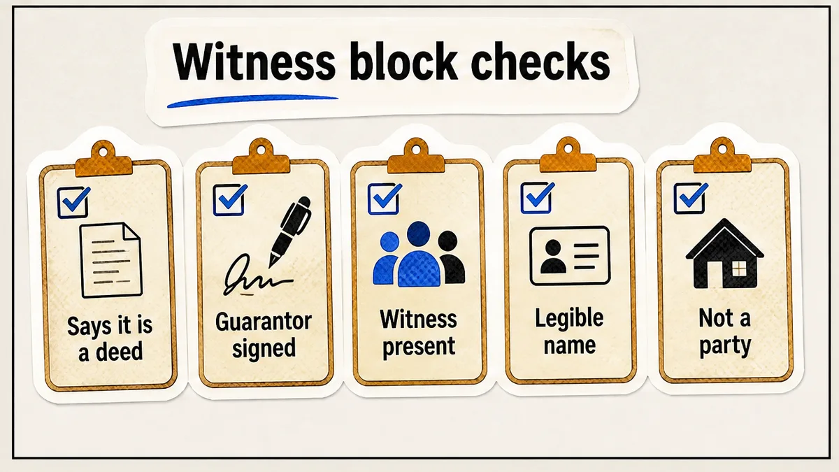 Witness block checklist: deed wording, guarantor signed, witness present, name, postcode, not a party