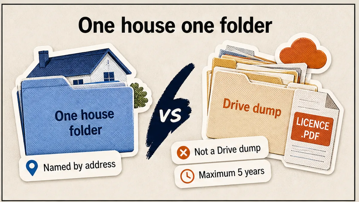 One labelled house folder versus a mixed Drive dump of licence papers