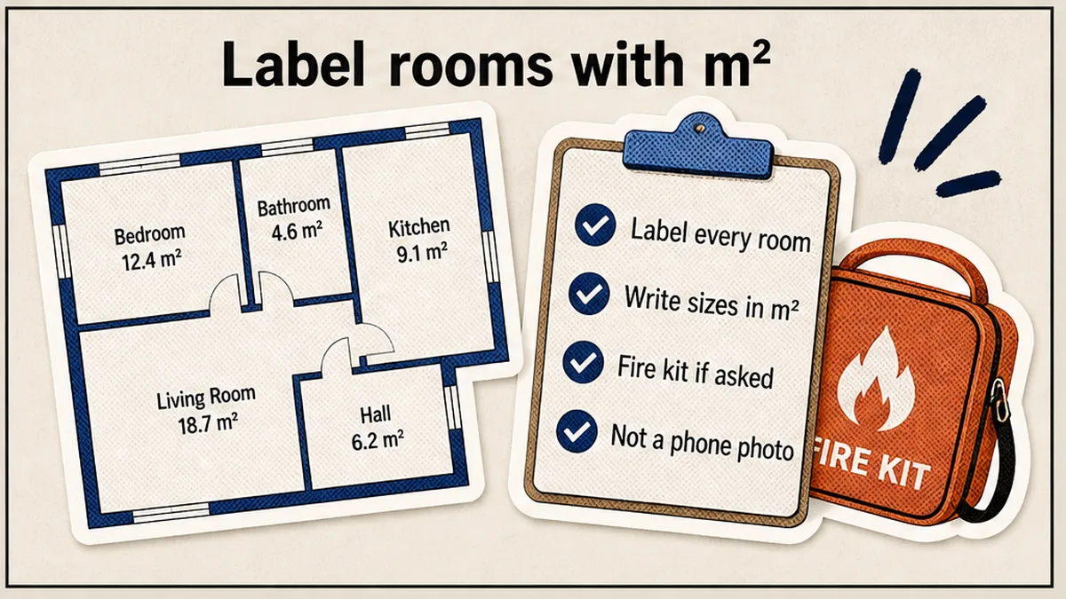 Checklist on a labelled floor plan with room use, m² and fire kit