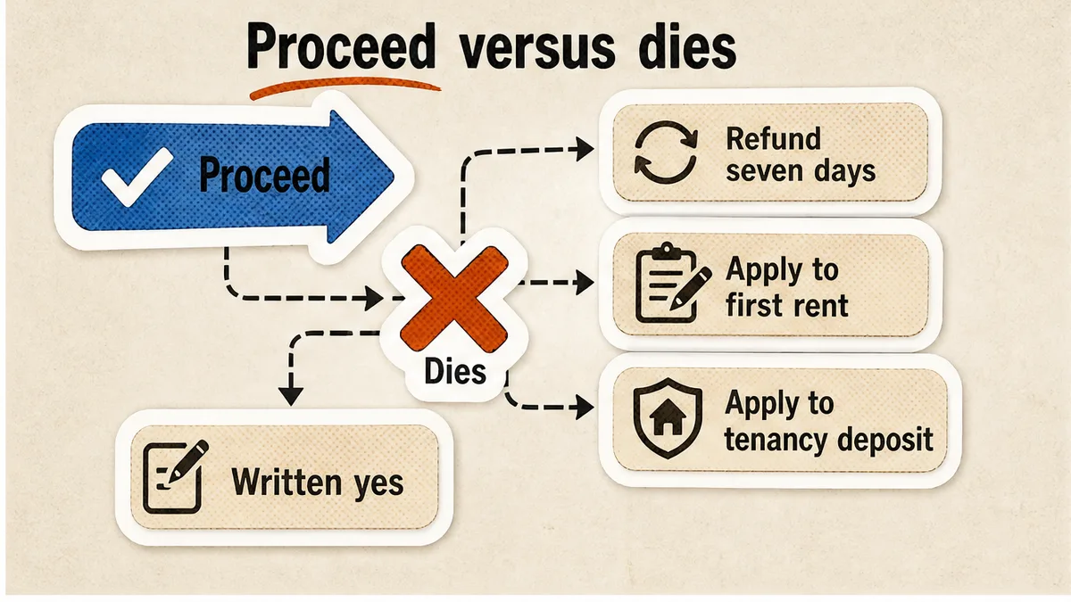 Written proceed-versus-dies note next to the holding-deposit amount