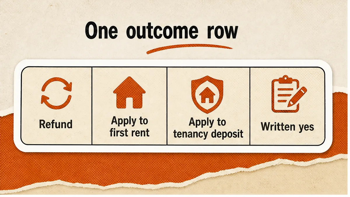 Outcome row: refund, apply to first rent, apply to tenancy deposit, or dated retention
