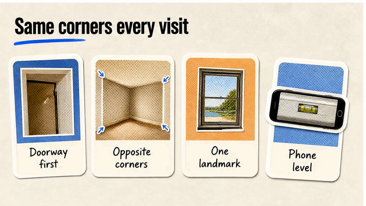 Doorway, opposite corners, one landmark, phone level so check-out can repeat the frame