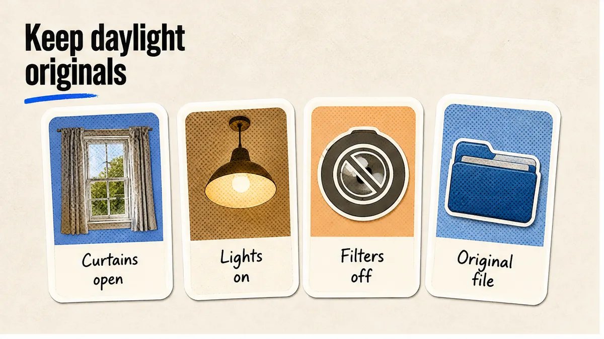 Daylight checklist: curtains open, lights on, filters off, keep the original file