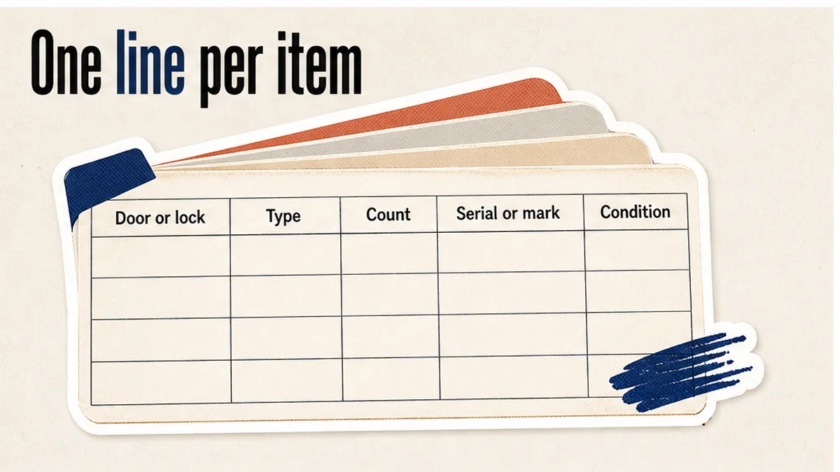One schedule line per access item: door, type, count, serial or mark, condition