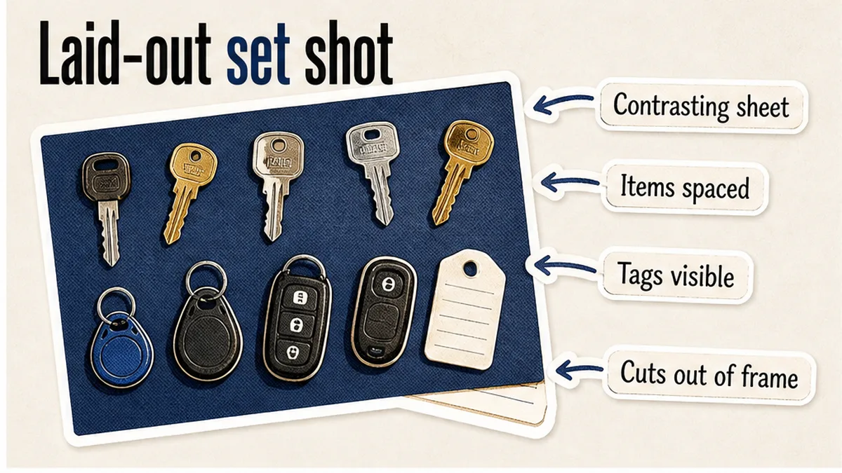 Keys and fobs laid out on contrasting paper with tags visible, no key cuts shown