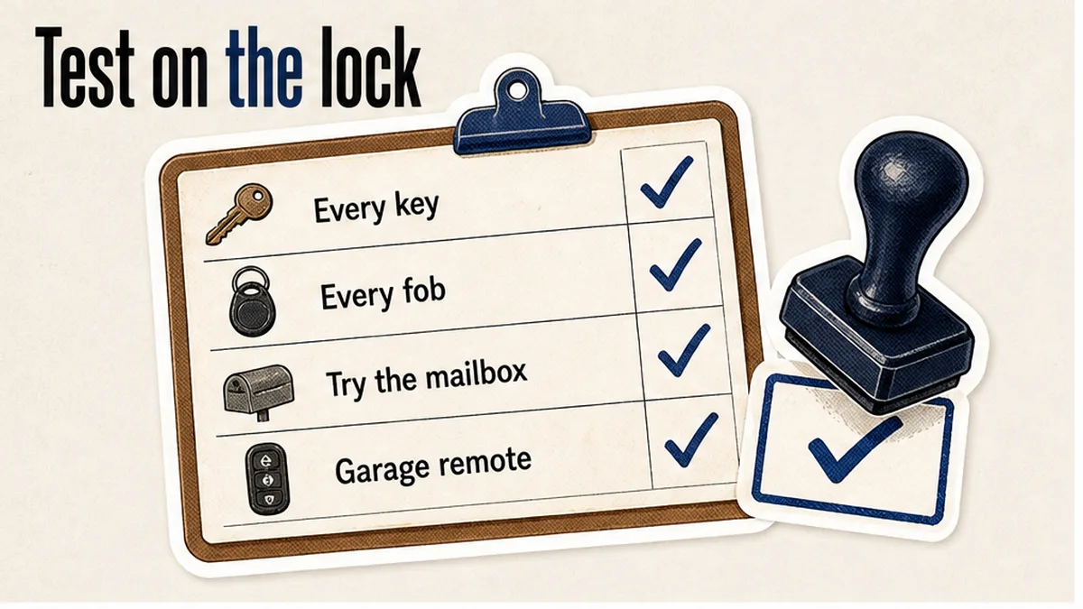 Lock-test checklist: try every key and fob, plus mailbox and garage remote