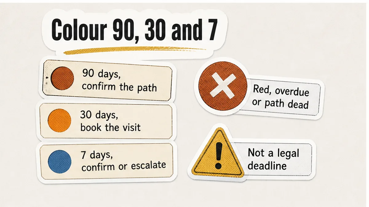 Date sheet with 90, 30 and 7 day traffic-light colours beside a gas due date