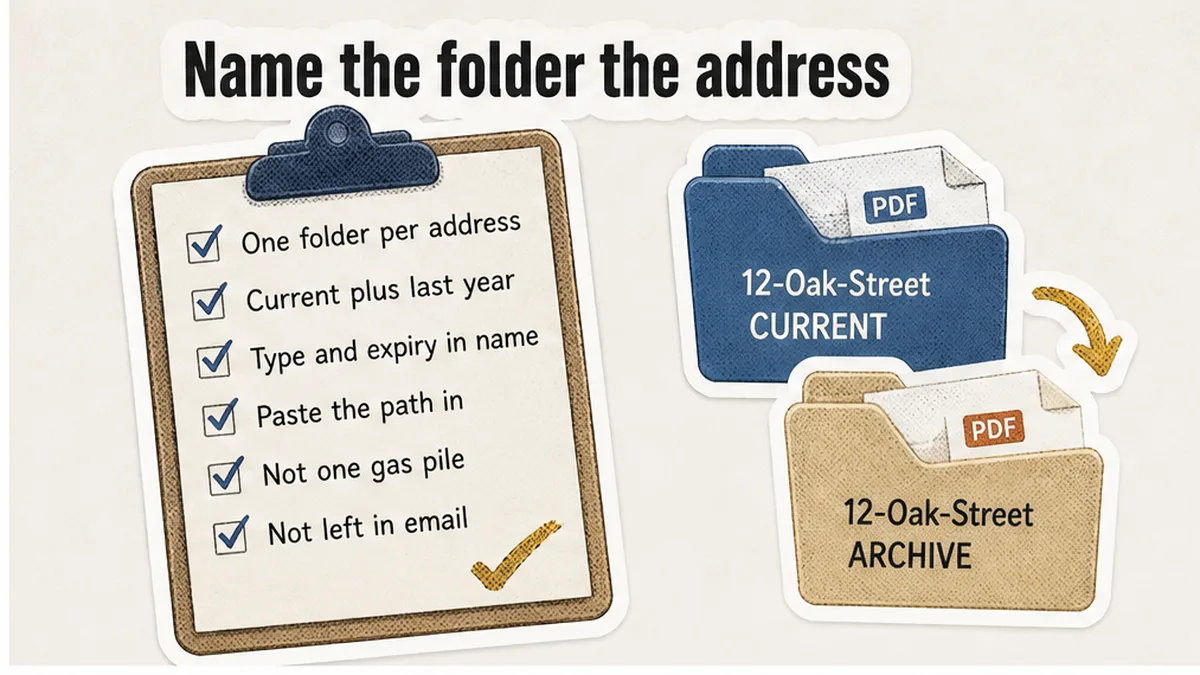 Address folder named 12-Oak-Street with current and archive certificate PDFs