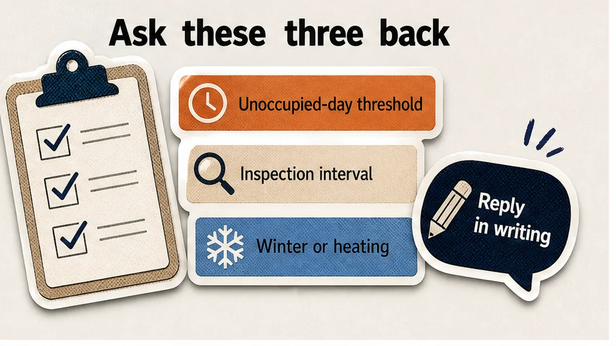Checklist of three questions to ask the insurer in writing: threshold, inspection, winter heating