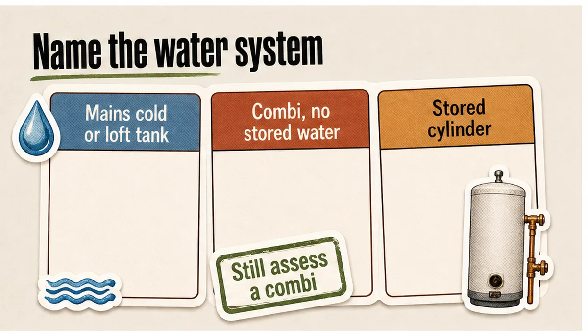 Water-system sticker row: mains or loft tank, combi with no stored water, stored cylinder