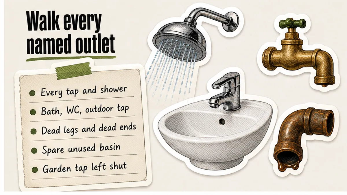 Outlet walk checklist: tap, shower, bath, WC, outdoor tap, dead legs, spare unused basin