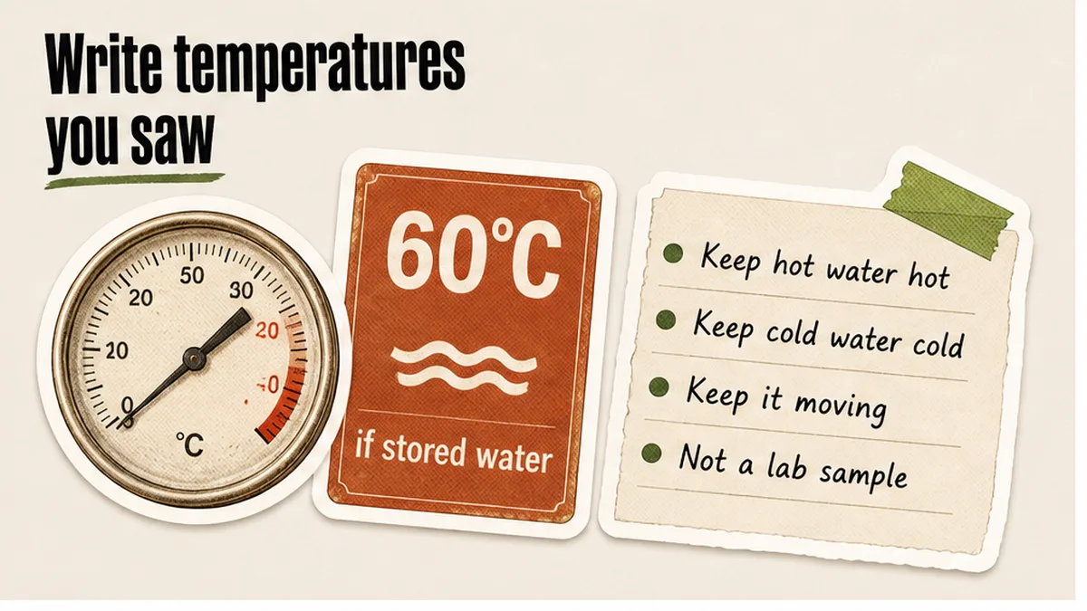 Temperature card: 60C if stored water, keep hot and cold moving, not a lab sample