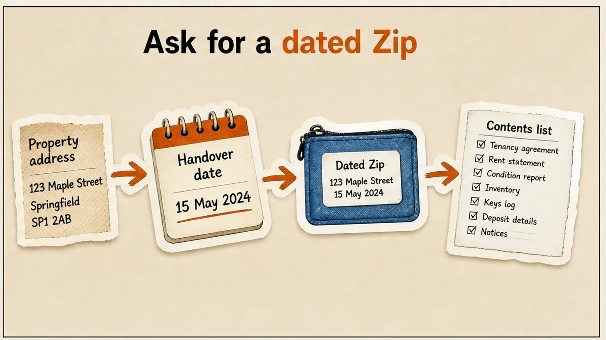 Workflow for a written dated Zip request: address, handover date, contents list, saved sent email