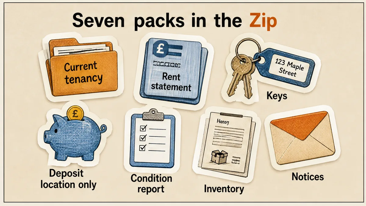 Seven labelled handover packs: tenancy, rent, repairs, licences, insurance, keys, deposit location