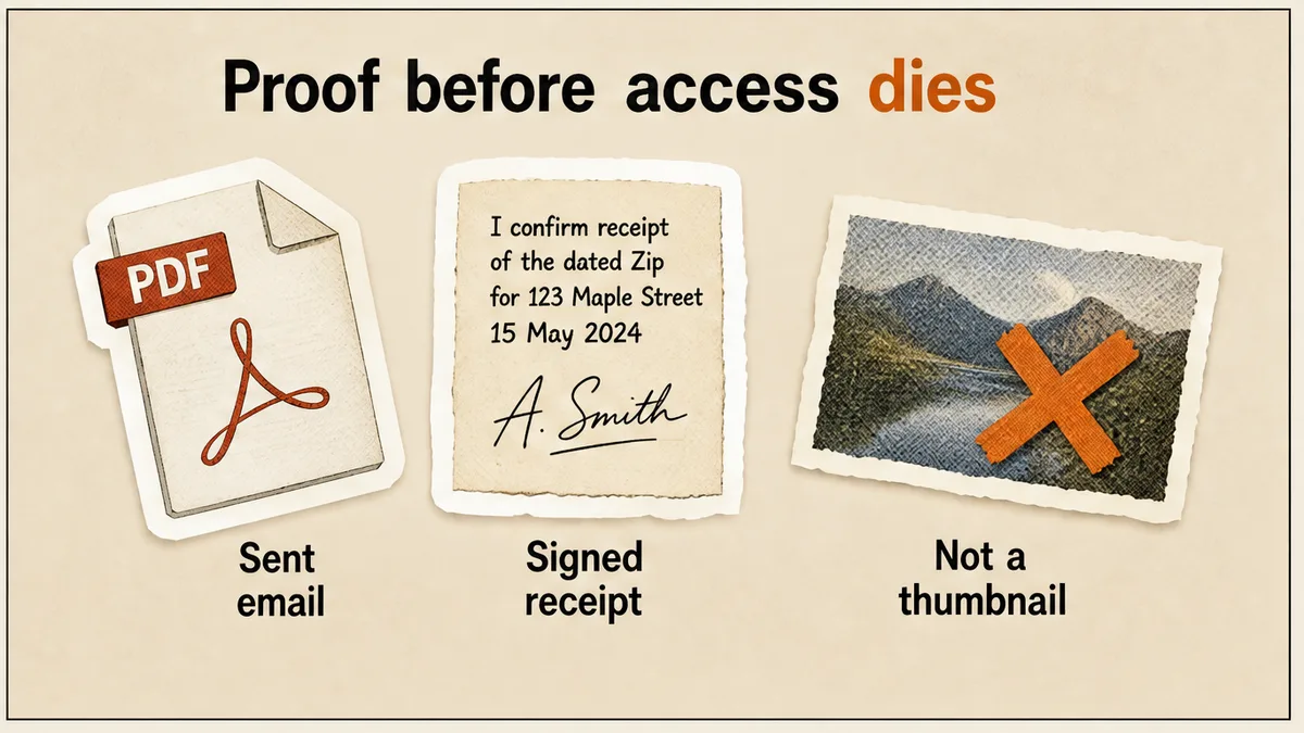 Checklist to download proof-of-service PDFs and send-proof before the mailbox closes
