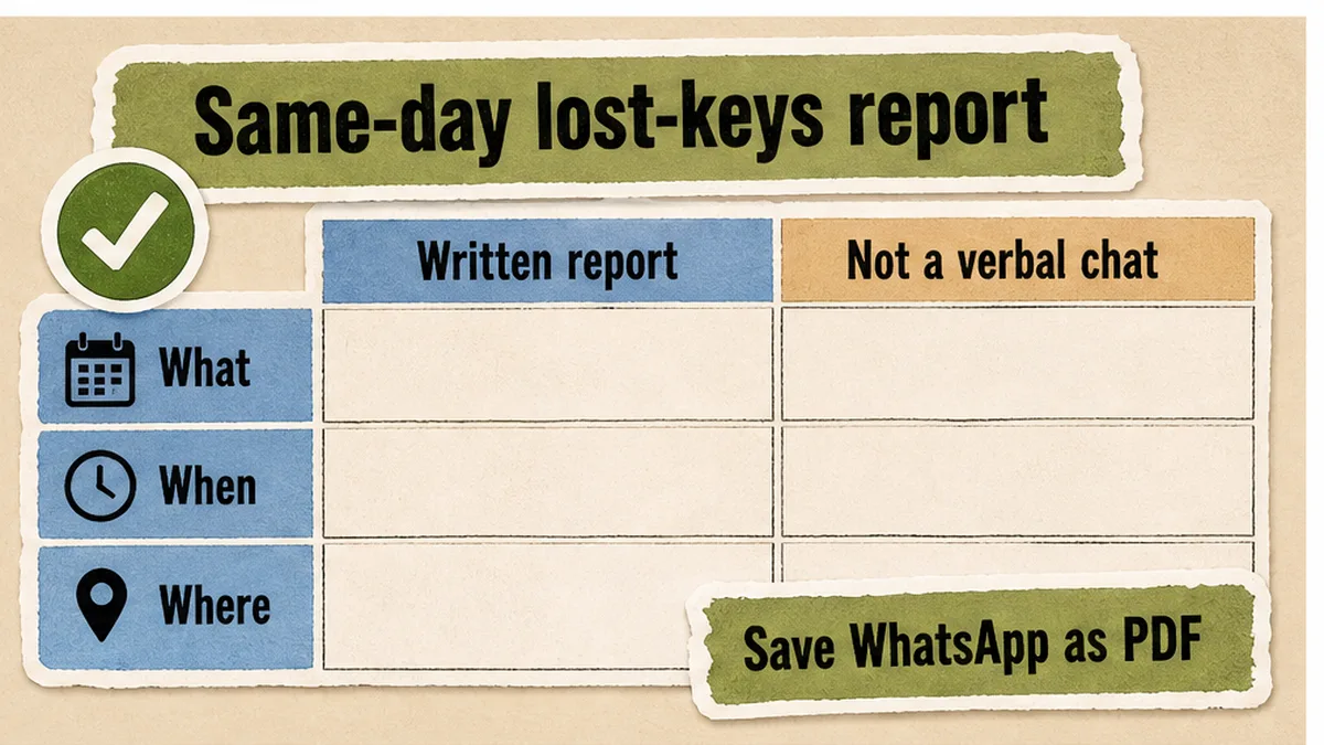 Written same-day lost-keys report versus a verbal chat, with what, when and where fields