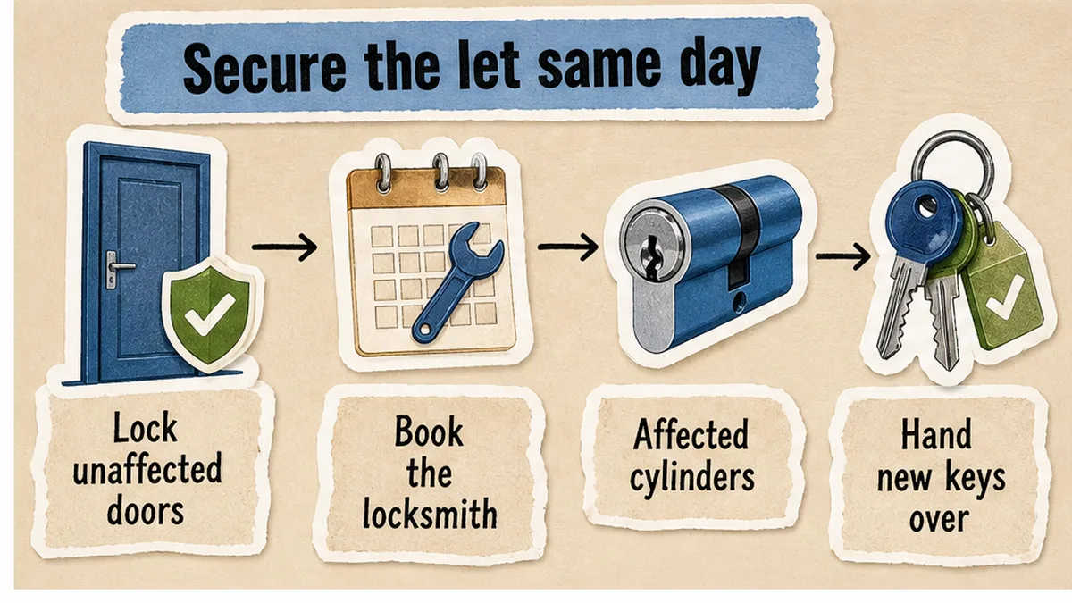 Same-day secure flow: lock unaffected doors, book the locksmith, hand new keys over