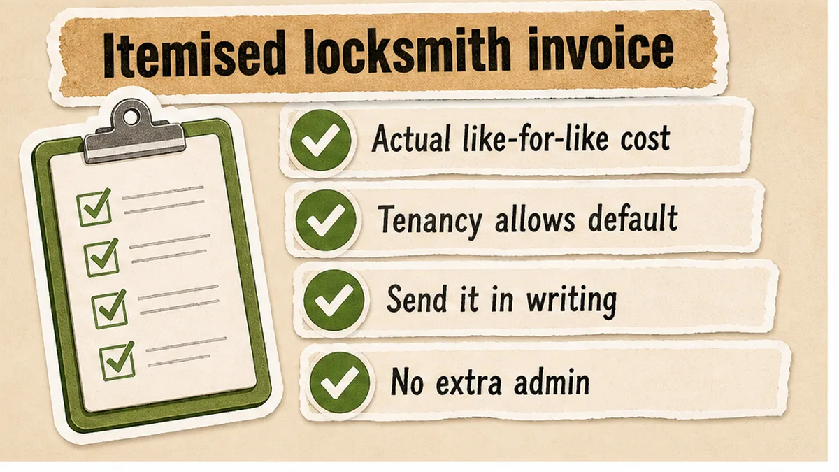 Checklist for an itemised locksmith invoice showing like-for-like cost in writing