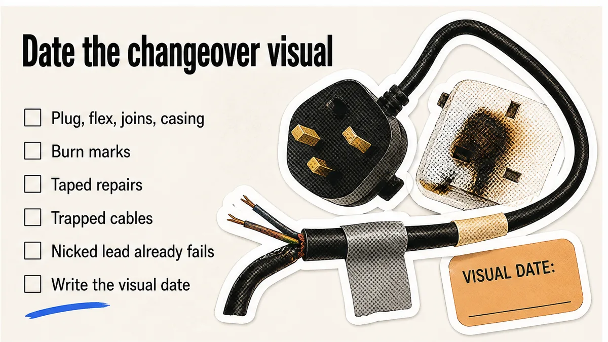 Changeover visual check of a kettle plug and flex next to a register line